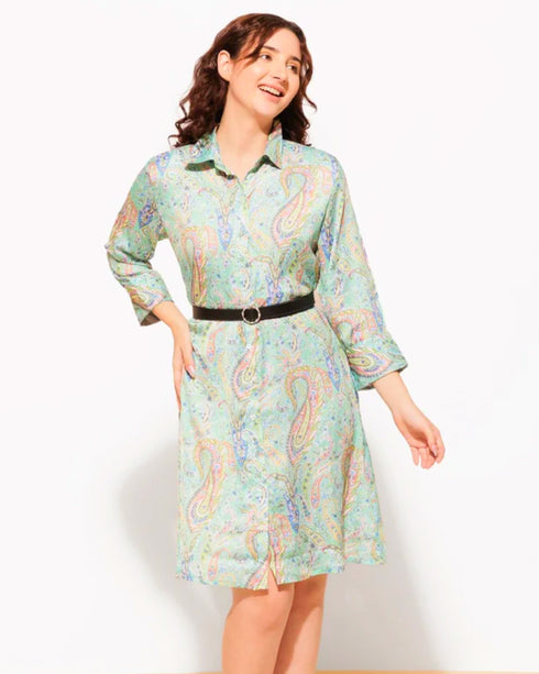 Satin Crepe Collar Buttoned Down Shirt Dress with Belt