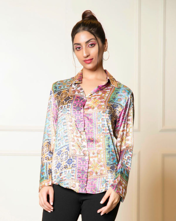 Printed Long Sleeves Satin Cuffed Shirt