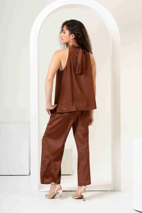 Halter Neck Satin Top with Flared Trousers Co-Ord Sets