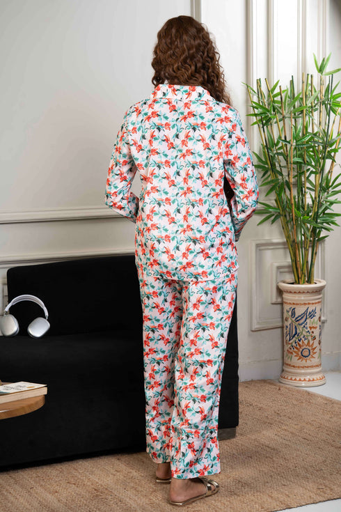 Women Satin Floral Printed Night Suit