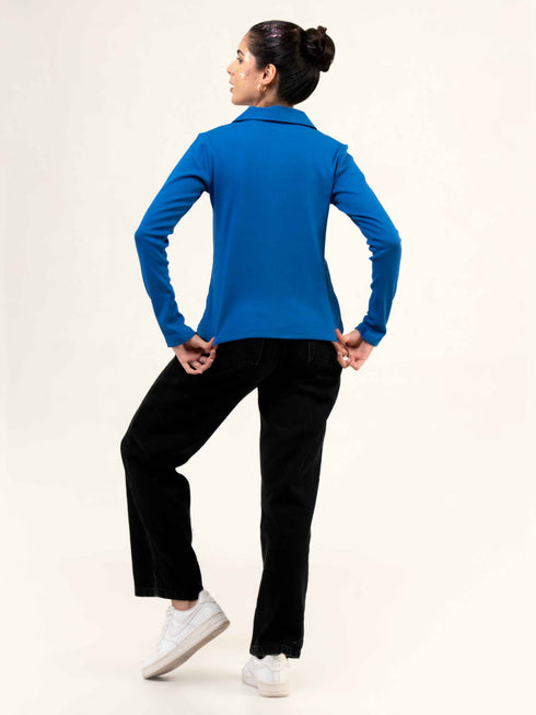 Rib Cotton Full Sleeve Top with Collar
