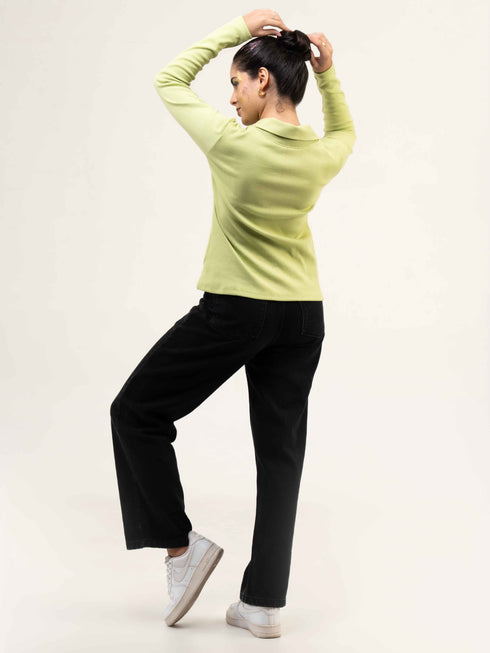 Rib Cotton Full Sleeve Top with Collar