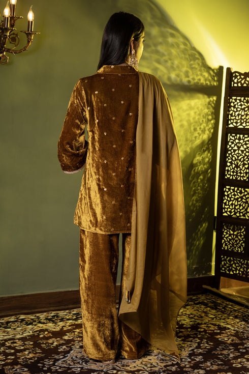 Luxury Velvet Kurta and Trouser Ensemble with Dupatta