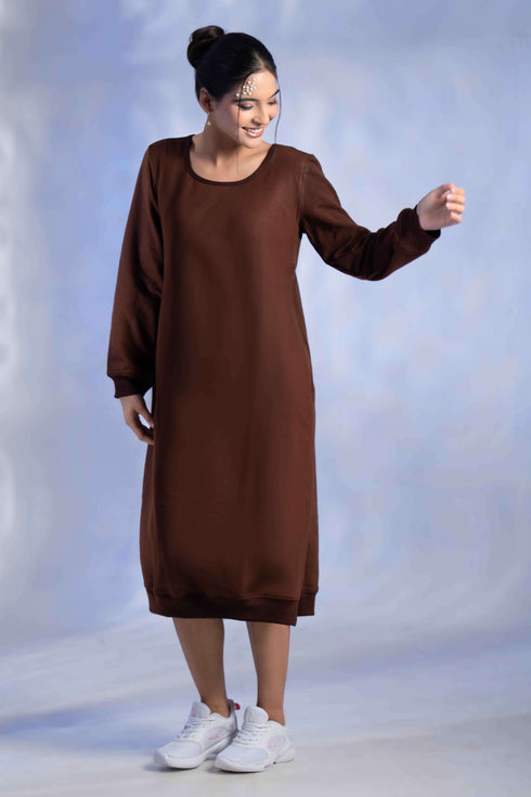 Women's Knitted Cotton Woolen Rib-Cuff Straight Midi Dress