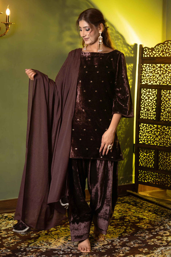 Embroidered Velvet Three-Piece Outfit