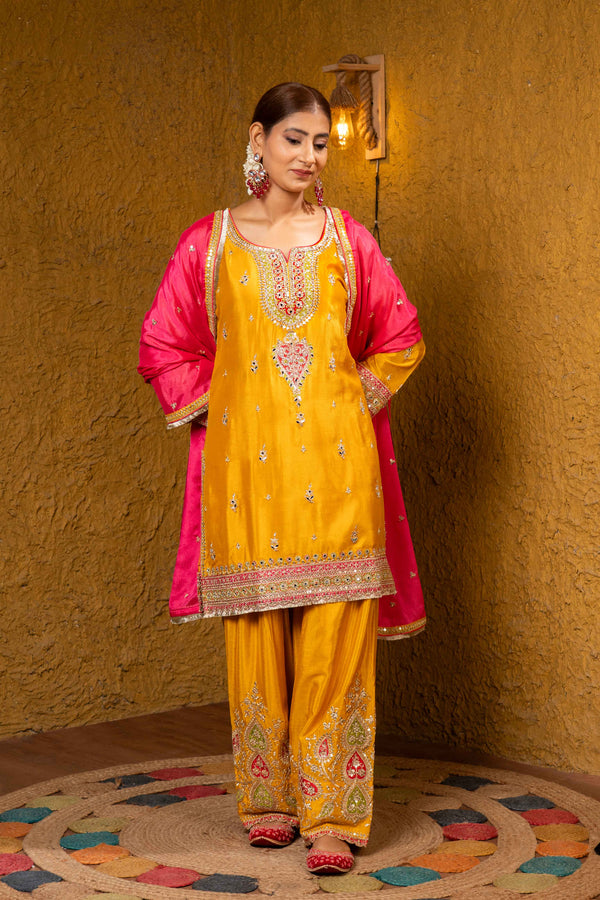 Silk Yellow Embroidered 3Pc Farsi Suit