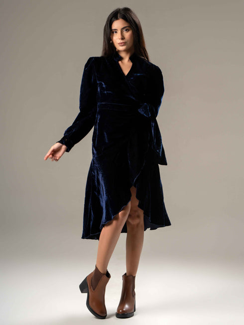 Velvet Blue Wrap Dress