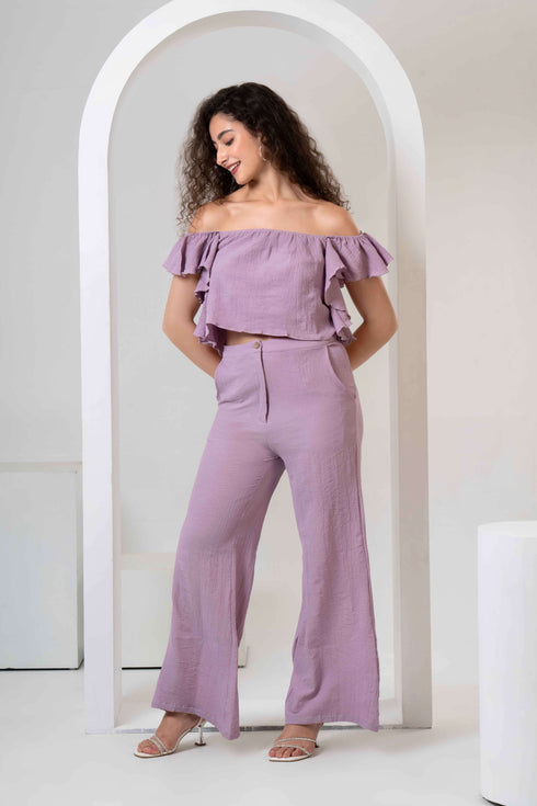 Frill Crop Top with Flared Trousers Co-Ord Sets