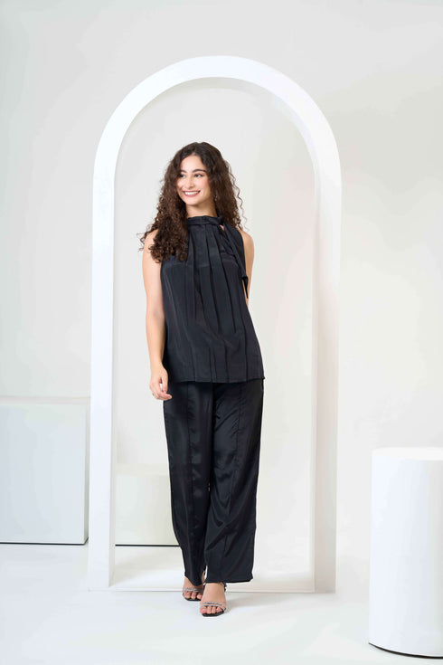 Halter Neck Satin Top with Flared Trousers Co-Ord Sets