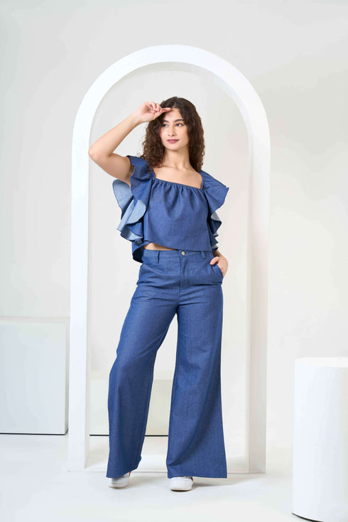 Frill Crop Top with Flared Trousers Co-Ord Sets
