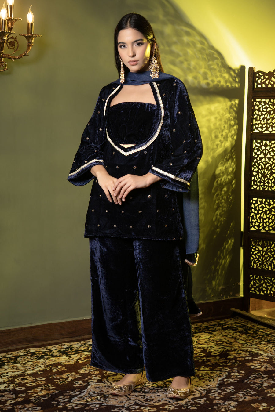 Luxury Velvet Kurta and Trouser Ensemble with Dupatta