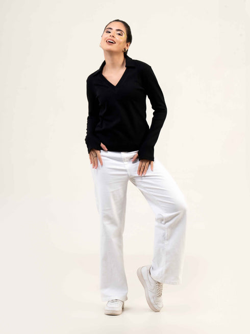 Rib Cotton Full Sleeve Top with Collar