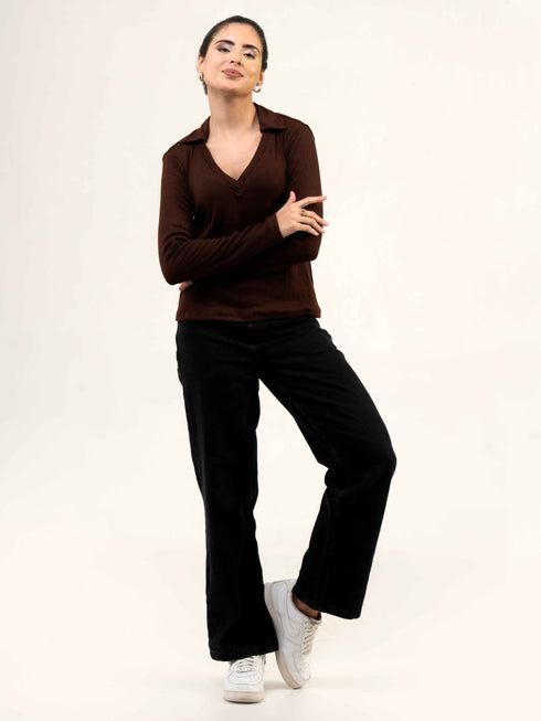 Rib Cotton Full Sleeve Top with Collar