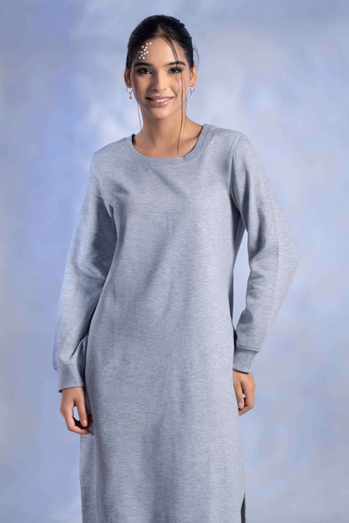 Women's Knitted Cotton Woolen Rib-Cuff Straight Midi Dress