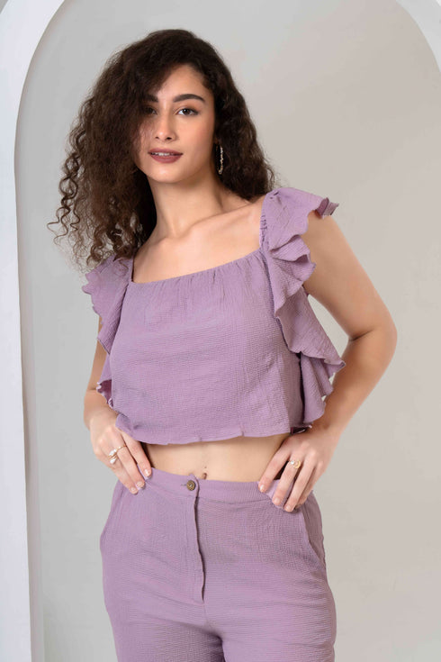 Frill Crop Top with Flared Trousers Co-Ord Sets