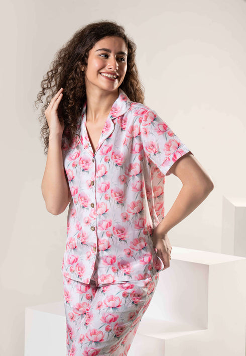 Women Satin Floral Printed Night Suit