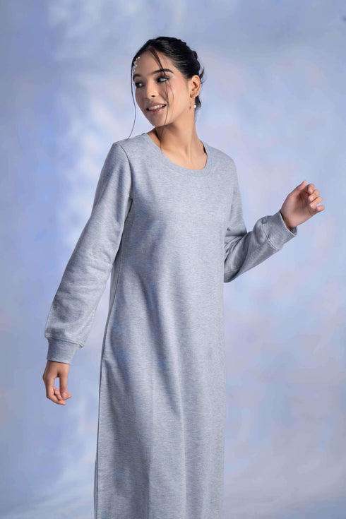 Women's Knitted Cotton Woolen Rib-Cuff Straight Midi Dress