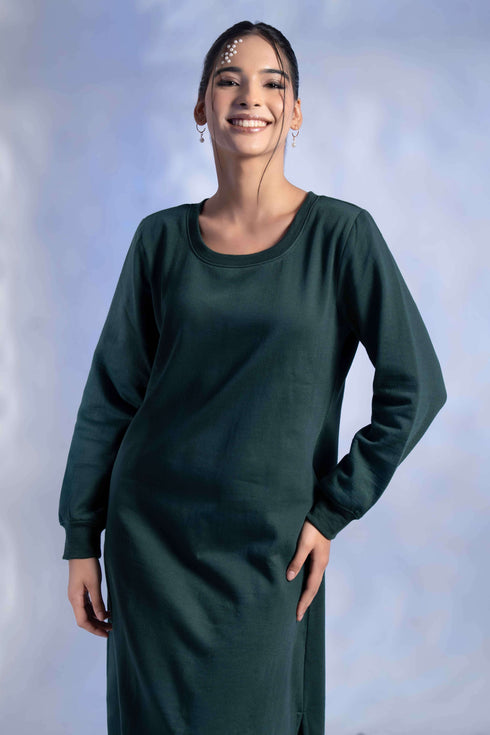 Women's Knitted Cotton Woolen Rib-Cuff Straight Midi Dress