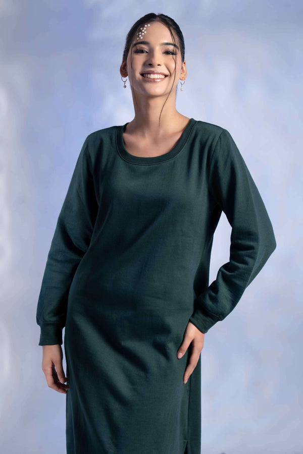 Women's Knitted Cotton Woolen Rib-Cuff Straight Midi Dress