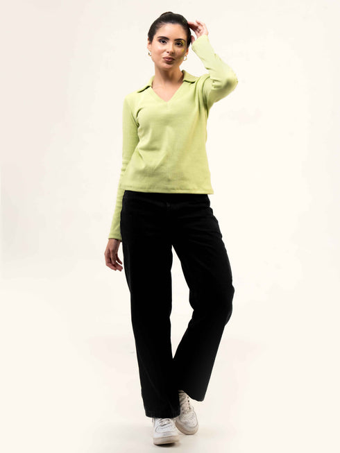Rib Cotton Full Sleeve Top with Collar