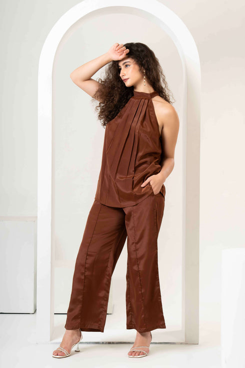Halter Neck Satin Top with Flared Trousers Co-Ord Sets