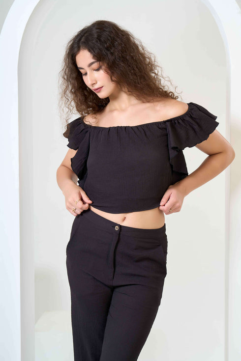 Frill Crop Top with Flared Trousers Co-Ord Sets