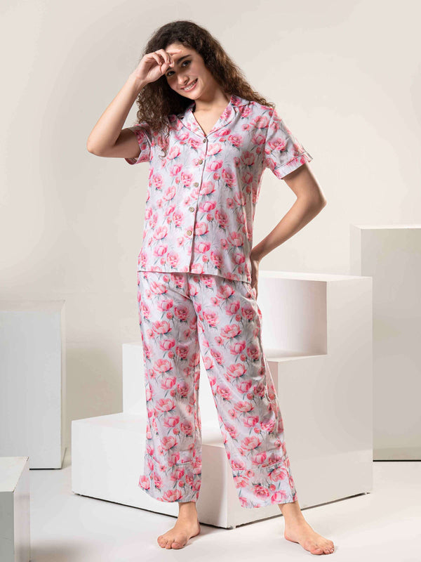 Women Satin Floral Printed Night Suit