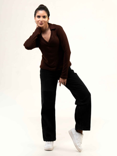 Rib Cotton Full Sleeve Top with Collar