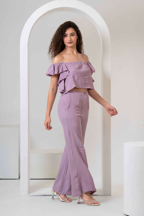 Frill Crop Top with Flared Trousers Co-Ord Sets