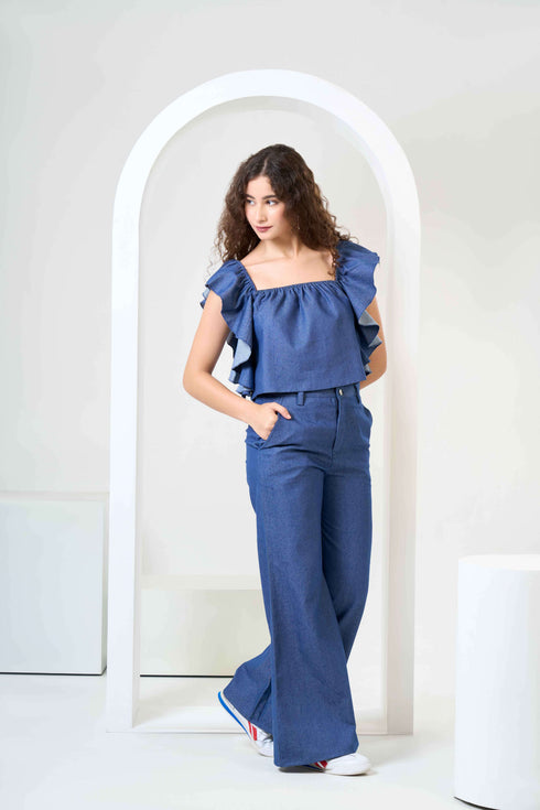 Frill Crop Top with Flared Trousers Co-Ord Sets