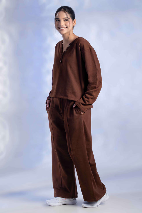 Women's Knitted Cotton Wool blend Henley Lounge Co-Ord Set