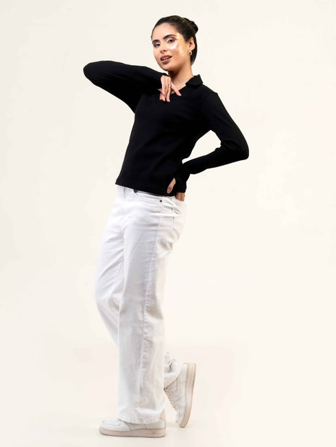 Rib Cotton Full Sleeve Top with Collar