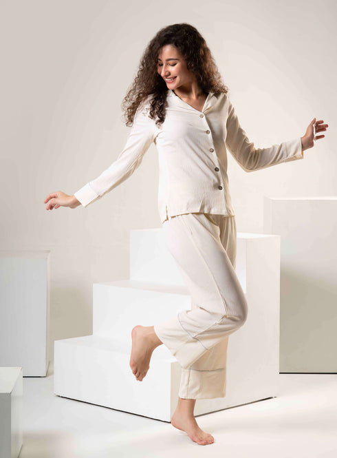 Women Solid Cotton Bubble Night Suit