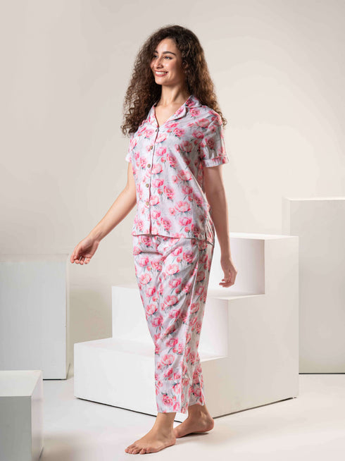 Women Satin Floral Printed Night Suit