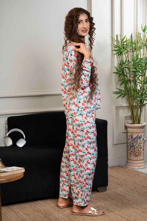 Women Satin Floral Printed Night Suit