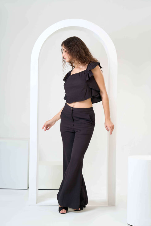 Frill Crop Top with Flared Trousers Co-Ord Sets