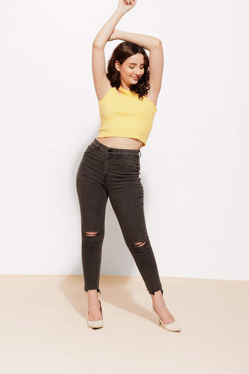 One shoulder Ribbed Yellow Crop Top