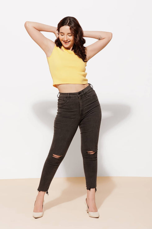 One shoulder Ribbed Yellow Crop Top